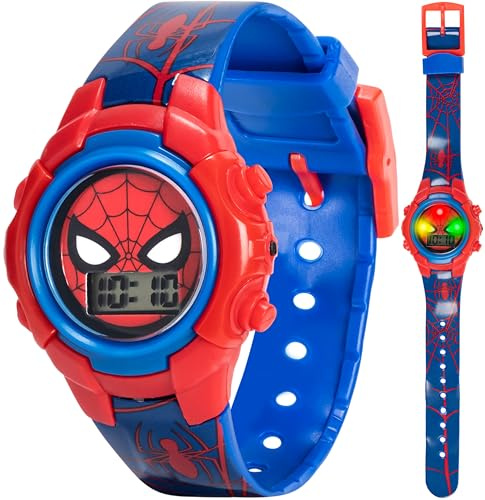 Marvel Spider-Man Kids Flashing Light-Up LCD Watch – Digital Time Display, Red & Blue Printed Plastic Strap, Interactive Button for Flashing Dial Lights, Fun Superhero Design, Fits Wrists 5.5-8