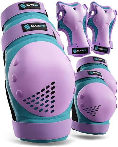 SKATEWIZ Kids Knee Pads and Elbow Pads Set - Wrist Guards for Skateboarding - Smash - Size M/L Blue Purple - Skating Protective Gear, Roller Skates, Skateboard - Ice Skating Kids