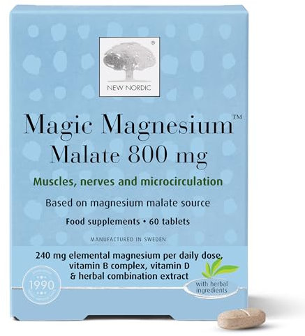 New Nordic Magic Magnesium Malate - 800 mg Extra Strength - Vitamin B Complex & Vitamin D - Muscle & Sleep Support for Women & Men - 60 Tablets
