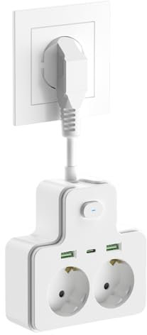 duanxian Steckdosenleiste mit Schalter, AOUOO Mehrfachsteckdose mit Flexible Kable, 2 USB/Type-c (5V/3.1A) auf Doppel Typ-C Euro Buchse, Max. 250 V / 16A für TV PC Monitor Weiß