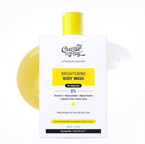 Chemist at Play Brightening Body Wash|Glowing Skin Vitamin C Bodywash | Helps to Reduce Fades Dark Spots, Evens out Skin Tone | Alpha Arbutin| 30X Vitamin C with Camu Camu |For Women & Men | 8 Fl oz