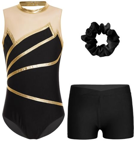 Kvysinly Glänzend Turnanzug Mädchen Gymnastikanzug Set Slim Fit Turnbody mit Haarband und Hose Ballettkleidung Tanz Training Outfit Gold 146-152