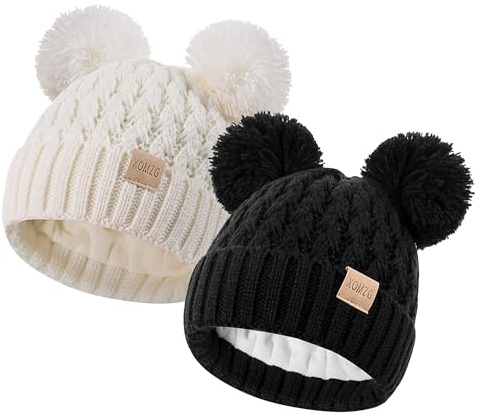 XOMZG Bonnet d'hiver pour Tout-Petits, Bonnet d'hiver Chaud en Tricot doublé de Polaire pour Filles et garçons avec Pompon, pour Les 0 à 36 Mois, Lot de 2
