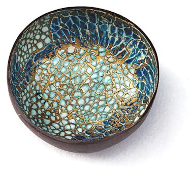 Hiseng Hand Painted Natural Coconut Bowl - Classic Prints Decorative Key Storage for Hallways, Jewellery, Nuts, Candy (Cyan)