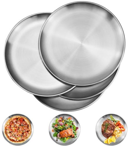 YBCCBY 4 Pièces Assiettes Rondes en Acier Inoxydable, Diamètre 26cm, Plaque Pizza Four Plats de Service en Inox Plaque de Cuisson à Pizza Ronde Plateau de Pizza en Acier Inoxydable pour Camping BBQ