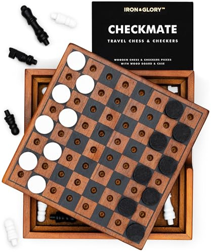 Iron & Glory Chess Board & Checkers Set | Wooden Puzzles & Games | Board Games For Fun Night | Travel Games & Travel Gifts | Coffee Table Decor | Adult Games Night