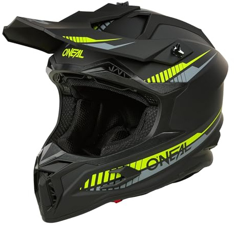 O'NEAL C-SRS - Casco de Motocross Solid Negro/Amarillo neón (Talla L), Certificado ECE 22.06, Carcasa ABS Resistente, Sistema de ventilación eficiente y Forro Interior extraíble y Lavable
