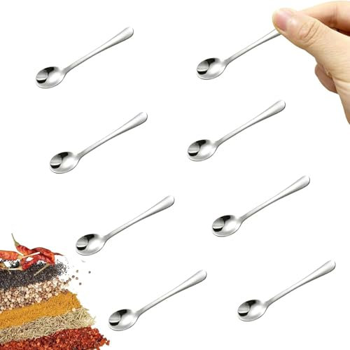 LunarCharm Lot de 8 petites cuillères en acier inoxydable pour pots à épices, mini taille, jolies petites cuillères à épices en acier inoxydable pour épices, sel, sucre, pelles amusantes (7,4 x 1,5 cm