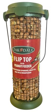 Oakdale Flip Top Peanut Bird Feeder | Hanging Wild Bird Feeder | Includes Premium Peanuts | Easy Flip Lid Refill | Attracts Woodpeckers and Nuthatches | Garden UK