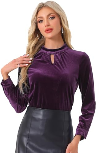 Allegra K Hauts en Velours pour Femmes Col Montant avec Trou de Serrure Manches Longues Blouse Décontractée Élégante Chemisier Vintage Mauve L