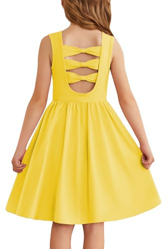 Arshiner Niñas Vestidos Sin Mangas Niños Volver Lazo Vestido de Verano Infantil Algodón Elegante Vestidos Ocio con Cuello Redondo Swing Vestidos Fiesta para Niñas 11-12 Años Amarillo