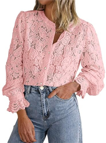 Festliga blusar damer elegant med spets: spets topp damer röd – spetsblus vintage v-ringad blusar tunika lös långärmad skjorta enfärgad spets toppar blus skjorta damblusar