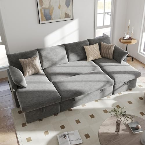 Real Relax 104'' Sofa Bed, U Shaped Chenille Sleeper Sofa Couch with Pull Out Bed and Chaise Storage for Living Room, Apartment and Office, Dark Gray