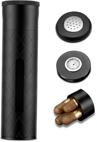 CIGARLOONG Cigar Tube Aluminum,Airtight Travel Humidor with Hygrometer and Humidifier, Cigar Case Holds 3-4 Cigars (Check Black)