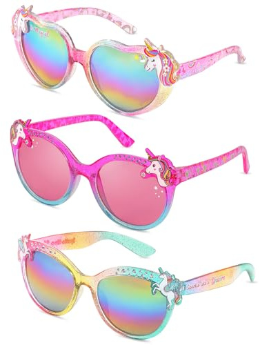 Beipegin 3 Paires Licorne Lunette Soleil Enfant,Protection UV400 Lunettes de Soleil Fille Lunette Festival Piscine Fête de Vacances à La Plage