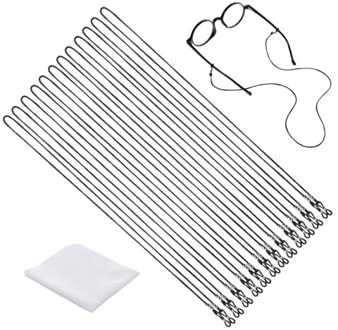 JJUNW 12 Stück Brillenband, Universal Brillenbänder Schwarz mit 1 Mikrofaser-Reinigungstuch, Verstellbar Brillenkette Sonnenbrillen Kette Brillenschnur für Sonnenbrillen und Lesebrillen