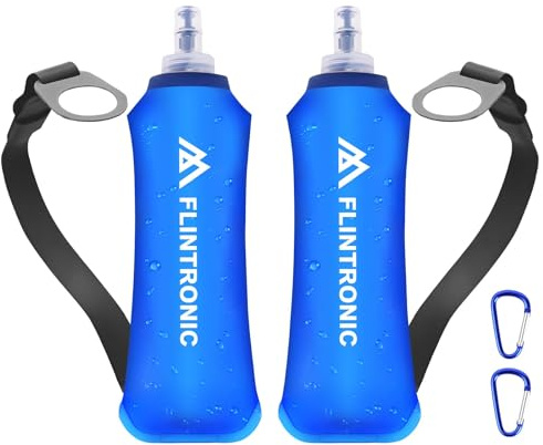 flintronic 2 PCS Gourde Souple, 250 ml/8.5oz TPU Flasque Running Pliable, Bouteille d'eau de Course, avec Dragonne et Mousquetons, pour Course à Pied, Randonnée, Cyclisme, Escalade, Bleu
