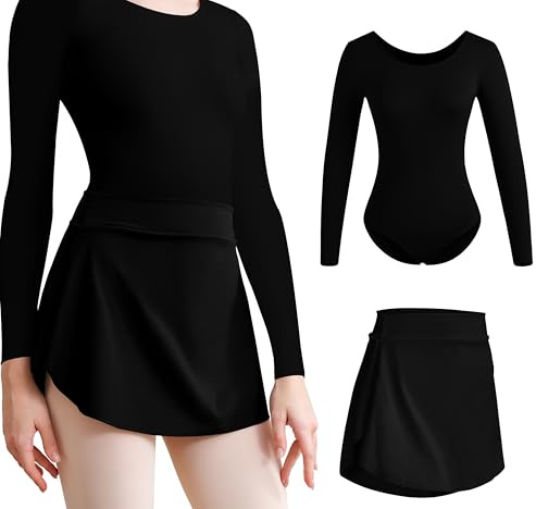 Tegmk Women's Team Basic Long Sleeve Dance Leotard with Pull on Black Ballet Skirt(FT4028-06-S-06Qun)