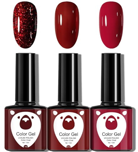 Red Gel Nail Polish Set, 3PCS Shimmer Glitter Nail Polish, Burgundy Nail Varnish Kit, Dark Red Gel Nail Polish, Matte Breathable Long Lasting Christmas Nail Art Manicure, Soak off LED/UV Lamp Manicure