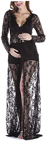 Peosaard Abiti Lunghi Premaman in Pizzo, Abito Fotografico Premaman Abito Maxi a Maniche Lunghe in Pizzo con Scollo a V per Donne Incinte Nero S, Abiti da Donna