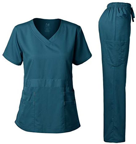 Dagacci Medical Uniform® Scrubs for Women Set – Natural Stretch Ultra Soft V-Neck Top and Pants Sets for Women - 9 Pocket (XXL, Caribbean)