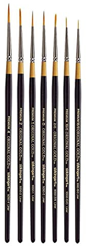KINGART B-018 Premium 7 pc. Original Gold 9350 Series Liner Brush Set, Synthetic Golden Taklon for Acrylic, Oil, Watercolor Paint, Short Handle, 7 Brushes Sizes: 18/0, 10/0, 2/0, 0, 1, 2, 4