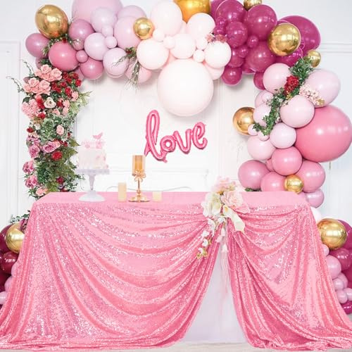 FYLEDAEE Pink Sequin Party Tablecloth, 50 x 80 Inch Rectangular Glitter Table Cover – Perfect for Weddings, Birthdays, Valentine's Day, Engagements & Anniversaries Decoration