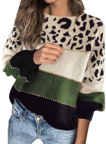 Pullover Damen Leopard Strickpullover Langarm Rundhals Sweater Patchwork Sweatshirt Herbst Winter Elegant Pulli Warme Lose Blusen Oberteile Tops