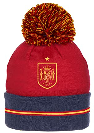 RFEF - Gorro de Lana con Pompón | Detallado con el Escudo de la Selección Española y la Estrella del Mundial - Color Rojo