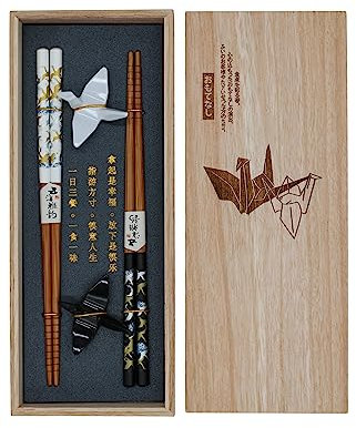 Sushi Essstäbchen Set ORIGAMI Paper Crane 2 Paar inklusive Unterleger in Premium Holzbox Nachhaltig Japanisch Chinesisch Koreanisch Taiwanesisch
