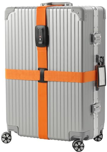 Navaris Kreuzkoffergurt mit TSA Zahlenschloss und Adressanhänger - Koffergurt mit Schloss und Namensschild - Reise-Sicherheitsset für Koffer - Orange