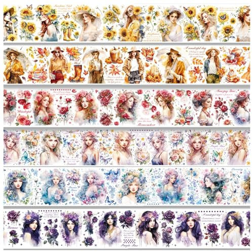 Kraeoke 6 Rollen PET Washi Tape Set Washi Sticker Retro Scrapbook Stickers Bunt Aufkleber Fotoalbum für Bullet Journals, Basteln und Geschenkpaket (Stil 4)