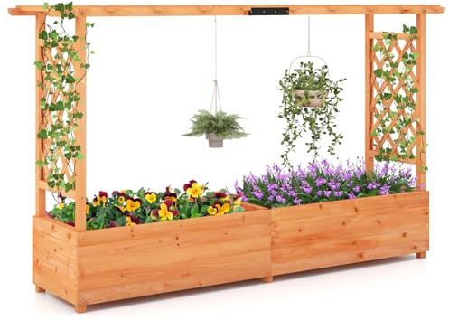 GOPLUS Förhöjd blombädd med rankgitter, blomkrukor med hängande tak och dräneringshål, planteringshjälpmedel för trädgård, terrass, innergård (orange, 200 x 44 x 114 cm)