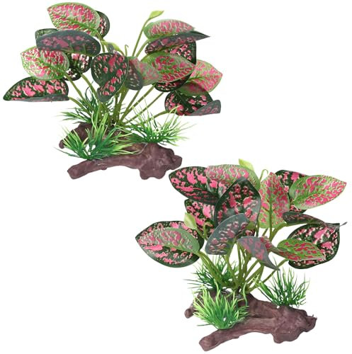 BEGONDIS 2Pcs Reptile Artificial Plants, Terrarium Plants Decorations Supplies, Aquarium Fish Tank Plant, Amphibian Habitat Hideout Tank (Red)