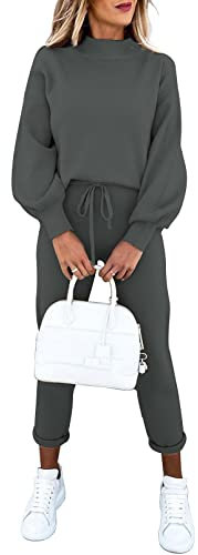 Sovoyontee Damen Hoher Hals Sweatshirt Pyjamas Langarm Trainingsanzug Lounge 2-Teiliges Outfits Set Grau M