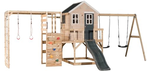 Wendi Toys M28G-G Maison de Jeux sur pilotis avec Toboggan balançoire Double et Mur d’Escalade, Aire de Jeux Bois FSC Enfant Jardin extérieur, Plateformes 90/120 cm, Filet, Anneaux, 342×563×242 cm