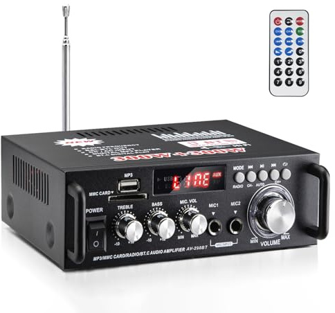 AV-298BT Stereo Audio Amplifier, Max 600W Amp 2 Channel Wireless Bluetooth 5.0 Power Amplifier System, Home Amplifiers Home Theater Audio Stereo System MIC, RCA, USB, SD Card, with Remote Control