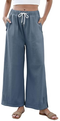 Athlisan Womens Baggy Wide Leg Palazzo Pants Casual Loose Drawstring Elastic Waisted Lounge Trousers with Pockets(Dustyblue-L)