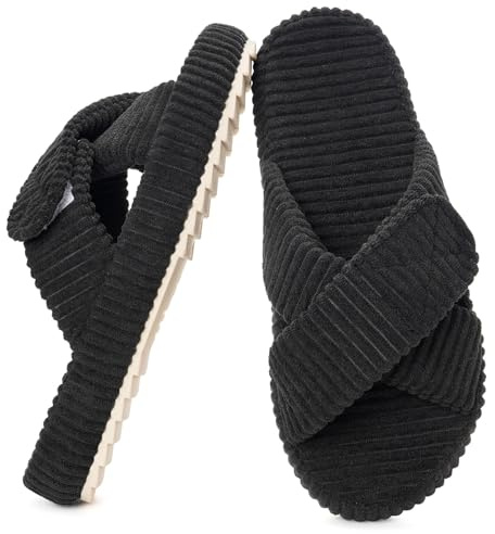 Eagsouni Pantoufles Femme Mousse à Mémoire Chaussons Velours Côtelé Bandes Croisées Bout Ouvert Chaussures Forme,Noir,39/40 EU,Étiquette 40-41
