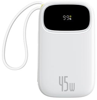 Baseus Powerbank 45W 20000mAh con 2 Cables USB-C Integrados, Power Bank PD3,0 QC4,0 Baterías Externas Carga Rapida, 3 C 1 A, Cargador Portátil para iPhone 16/15/14 Pro MAX, Samsung, Blanco
