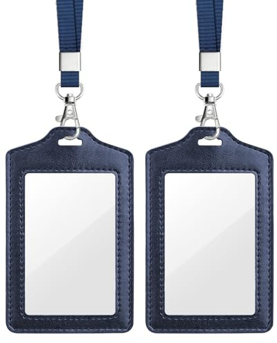 Teskyer 2 Pack Double Sided Clear Badge Holders - Faux Leather with Nylon Lanyard, ID Card Holder for Work/Oyster Card/Bus Pass, Business & Events, Vertical (Blue)