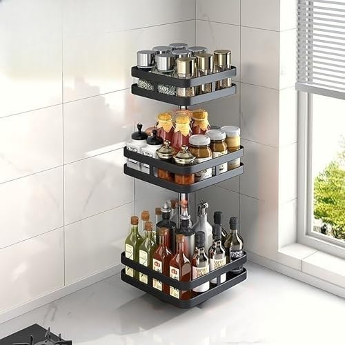 Shakub Gewürzregal Drehbar, 3 Etagen Küchenregal Stehend 360° Gewürze Organizer Schwarz Küchenregal Lazy Susan Gewürzständer für Gewürzgläser, Kosmetik (3-stöckiges)