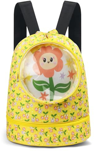 Alaoo Sac de Natation pour Enfants,Grande Capacité Gym Sac à Dos à Cordon Enfant avec Compartiment pour Chaussures,Sac a Cordon Impermeable Enfant Séparation Humide et Sèche Plage,Jaune