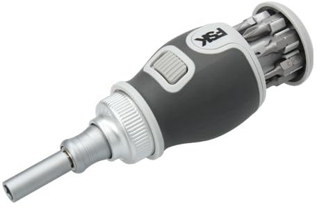 Ferrestock | Destornillador corto con carraca – 8 puntas internas + portapuntas extensible magnético | Mango engomado | Incluye puntas de seguridad y estándar