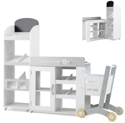GYMAX Kids Grocery Store, Wooden Role Play Shop with Shopping Cart, Scanner, Chalkboard & Checkout Belt, Children Supermarket Playset for Girls Boys Aged 3 Years Old+