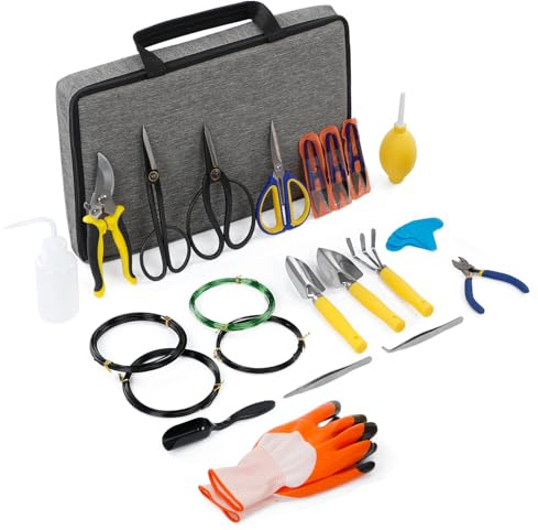 WISEPRO Bonsai Werkzeug Set 27-TLG mit Gartenschere, Bonsai-Draht, Garten-Handschuhen, Rechen und Schaufel –Bonsai Starter GartenWerkzeuge Set für Bonsai Einsteiger