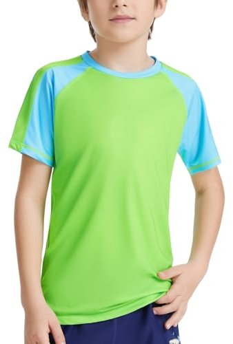 AMZSPORT Maglia Anti UV Bambino Costume da Bagno Ragazzi Rash Guard Maglietta da Nuoto a Maniche Corte per Piscina Surf, Verde Fluorescente XL