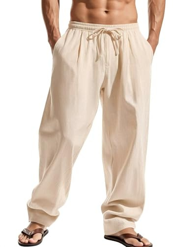 Elainone Pantalon Homme Coton Léger Été Pantalon Décontracté | 100 % Coton Taille Élastique avec Poches Pantalon Ample pour Vacances Plage Voyage Pantalon Homme Style Casual M-3XL