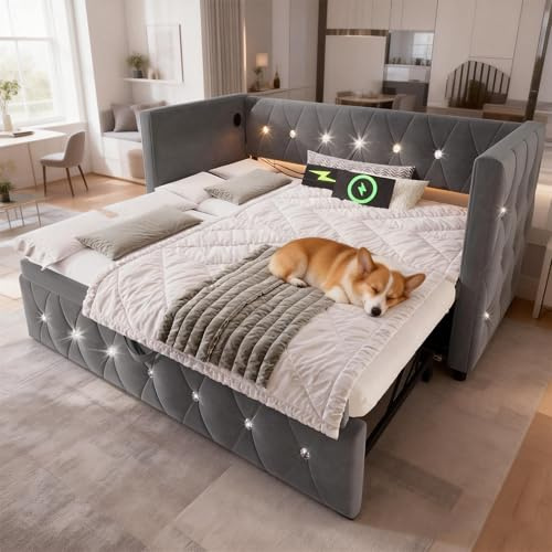 LANTRO JS Upholstered Daybed with Trundle, Velvet Corner Sofa Bed with Charging Stations, Pull Out Bed Frame with Folding Function, Diamond Design, Grey, 90 x 190cm