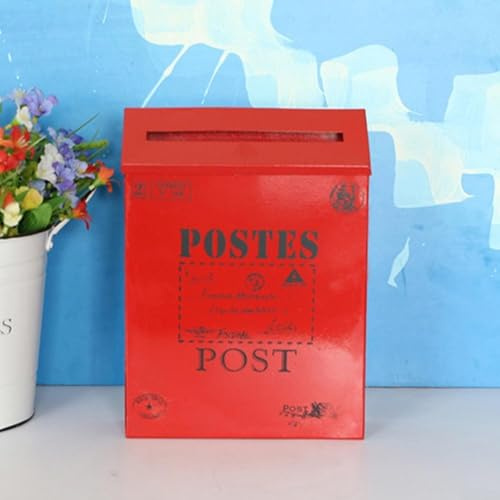 Buzón de metal vintage para montaje en pared, diseño rústico para decoración del hogar, accesorios de fotografía y uso al aire libre, 29 x 22 x 6 cm, letra de hierro (rojo)